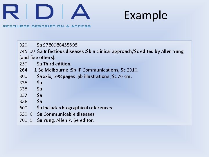 Example 020 $a 9780980458695 245 00 $a Infectious diseases : $b a clinical approach/$c