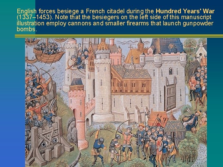 English forces besiege a French citadel during the Hundred Years' War (1337– 1453). Note
