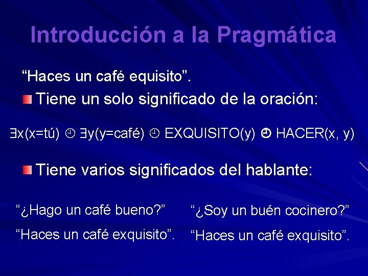 Introducción a la Pragmática “Haces un café equisito”. Tiene un solo significado de la