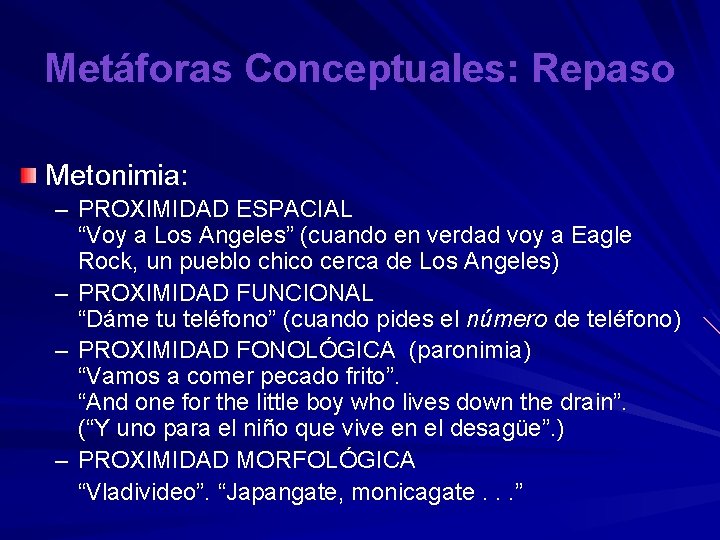 Metáforas Conceptuales: Repaso Metonimia: – PROXIMIDAD ESPACIAL “Voy a Los Angeles” (cuando en verdad