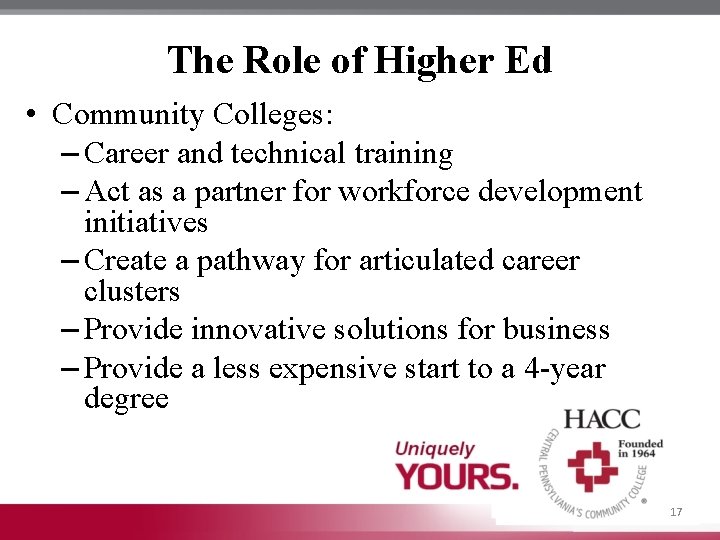 The Role of Higher Ed • Community Colleges: – Career and technical training –