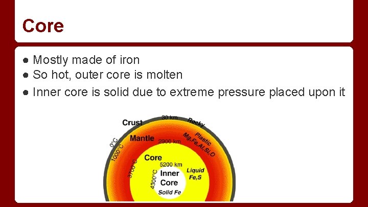 Core ● Mostly made of iron ● So hot, outer core is molten ● Core ● Mostly made of iron ● So hot, outer core is molten ●