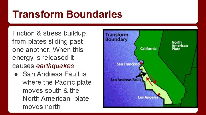 Transform Boundaries Friction & stress buildup from plates sliding past one another. When this Transform Boundaries Friction & stress buildup from plates sliding past one another. When this
