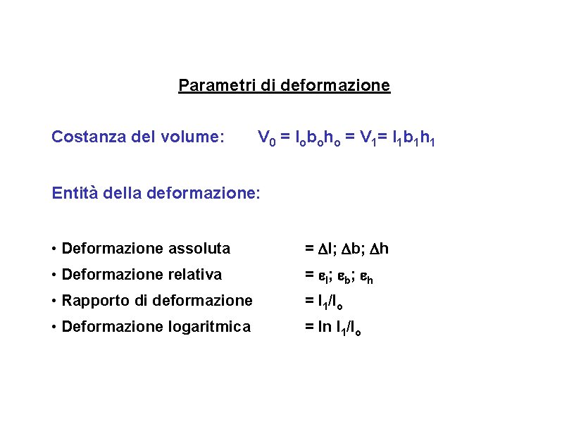 Parametri di deformazione Costanza del volume: V 0 = l o b o h
