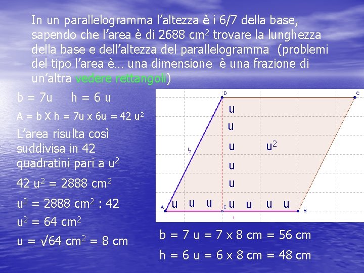 In un parallelogramma l’altezza è i 6/7 della base, sapendo che l’area è di