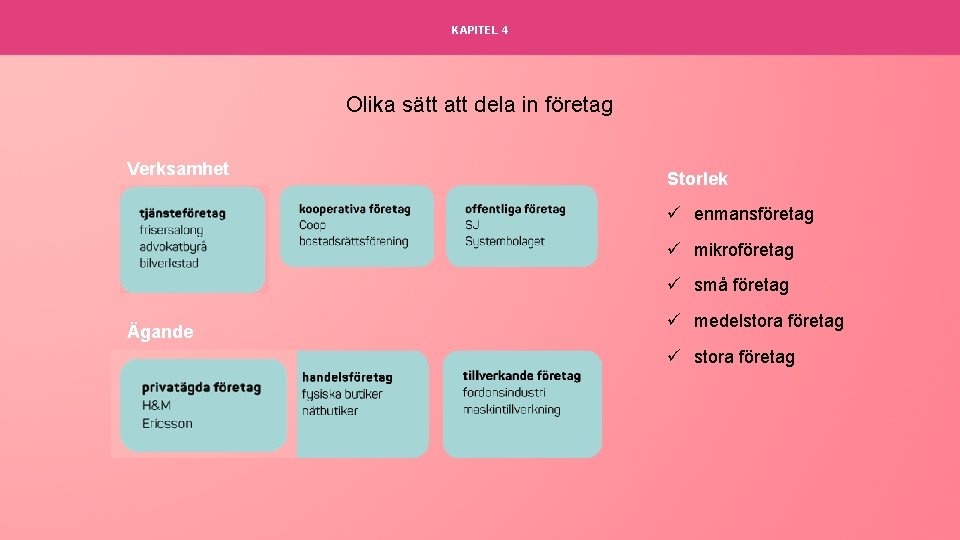 KAPITEL 4 Olika sätt att dela in företag Verksamhet Storlek ü enmansföretag ü mikroföretag