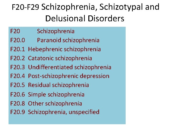 F 20 -F 29 Schizophrenia, Schizotypal and Delusional Disorders F 20. 0 F 20.