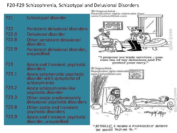F 20 -F 29 Schizophrenia, Schizotypal and Delusional Disorders F 21 Schizotypal disorder F