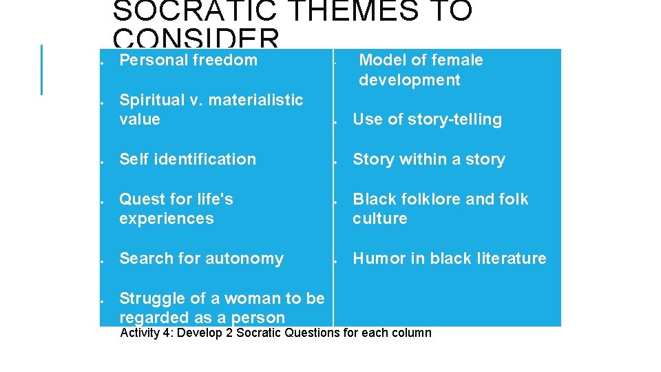  SOCRATIC THEMES TO CONSIDER Personal freedom Model of female • development Spiritual v.