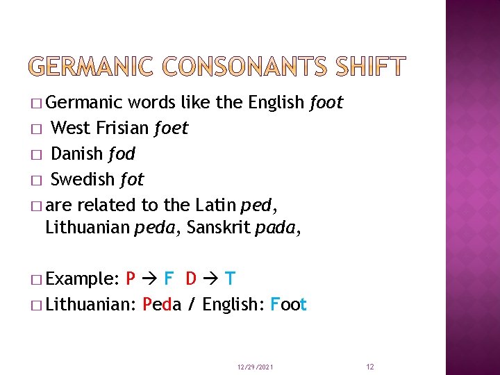 � Germanic words like the English foot � West Frisian foet � Danish fod