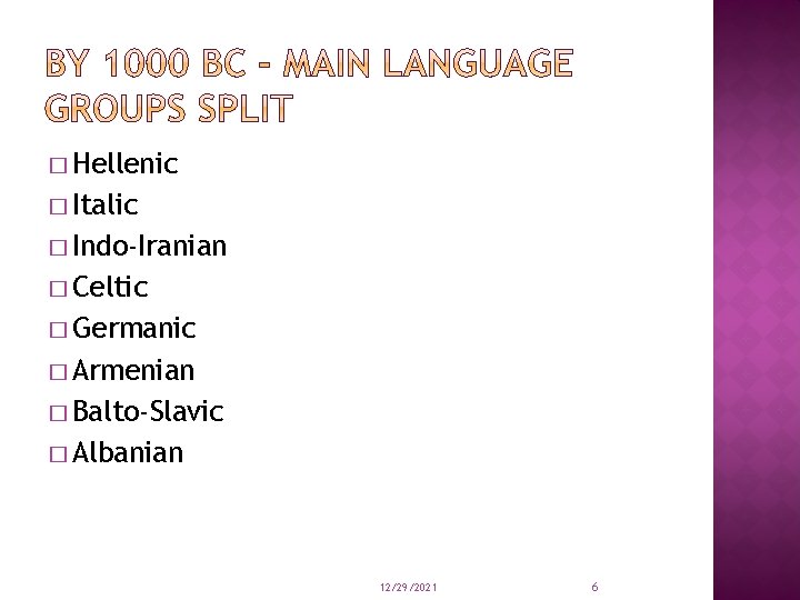 � Hellenic � Italic � Indo-Iranian � Celtic � Germanic � Armenian � Balto-Slavic