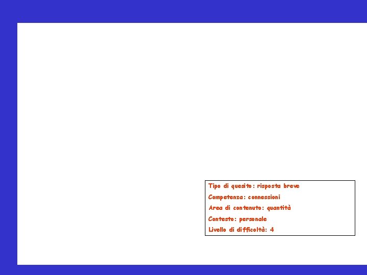 Tipo di quesito: risposta breve Competenza: connessioni Area di contenuto: quantità Contesto: personale Livello