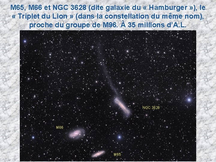 M 65, M 66 et NGC 3628 (dite galaxie du « Hamburger » ), M 65, M 66 et NGC 3628 (dite galaxie du « Hamburger » ),