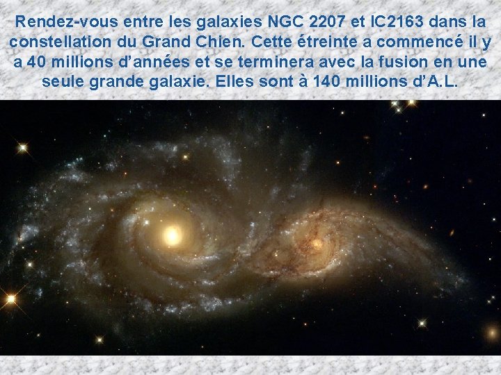 Rendez-vous entre les galaxies NGC 2207 et IC 2163 dans la constellation du Grand Rendez-vous entre les galaxies NGC 2207 et IC 2163 dans la constellation du Grand