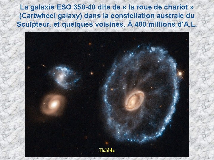 La galaxie ESO 350 -40 dite de « la roue de chariot » (Cartwheel La galaxie ESO 350 -40 dite de « la roue de chariot » (Cartwheel