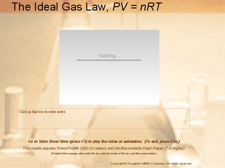 The Ideal Gas Law, PV = n. RT Click in this box to enter