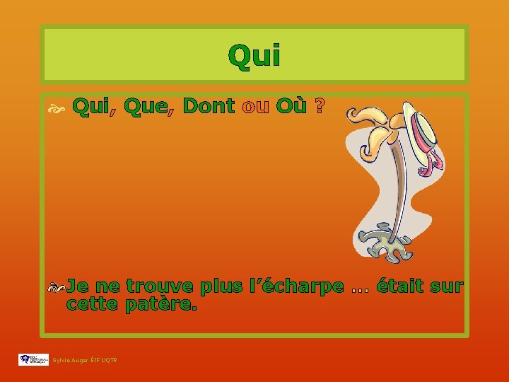 Qui Qui, Que, Dont ou Où ? Je ne trouve plus l’écharpe … était