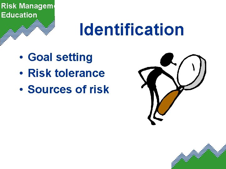 Risk Management Education Identification • Goal setting • Risk tolerance • Sources of risk