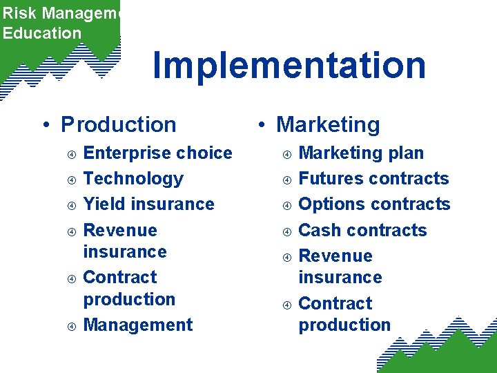 Risk Management Education Implementation • Production Enterprise choice Technology Yield insurance Revenue insurance Contract