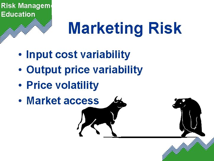 Risk Management Education Marketing Risk • • Input cost variability Output price variability Price Risk Management Education Marketing Risk • • Input cost variability Output price variability Price