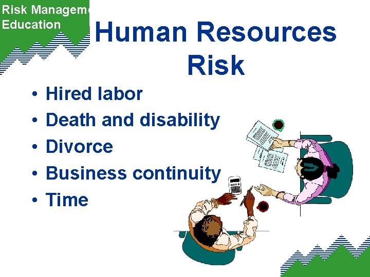 Risk Management Education Human Resources Risk • • • Hired labor Death and disability