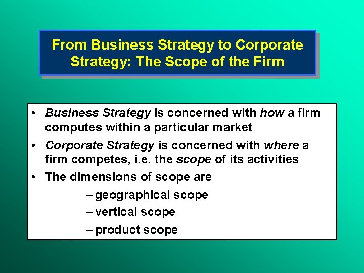 From Business Strategy to Corporate Strategy: The Scope of the Firm • Business Strategy