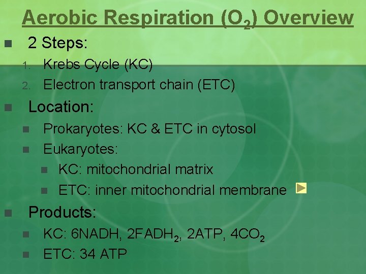 Aerobic Respiration (O 2) Overview n 2 Steps: 1. 2. n Location: n n