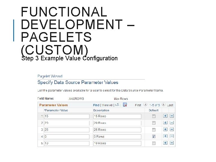 FUNCTIONAL DEVELOPMENT – PAGELETS (CUSTOM) Step 3 Example Value Configuration 