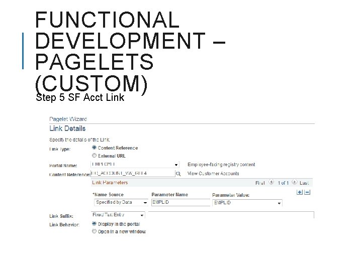 FUNCTIONAL DEVELOPMENT – PAGELETS (CUSTOM) Step 5 SF Acct Link 