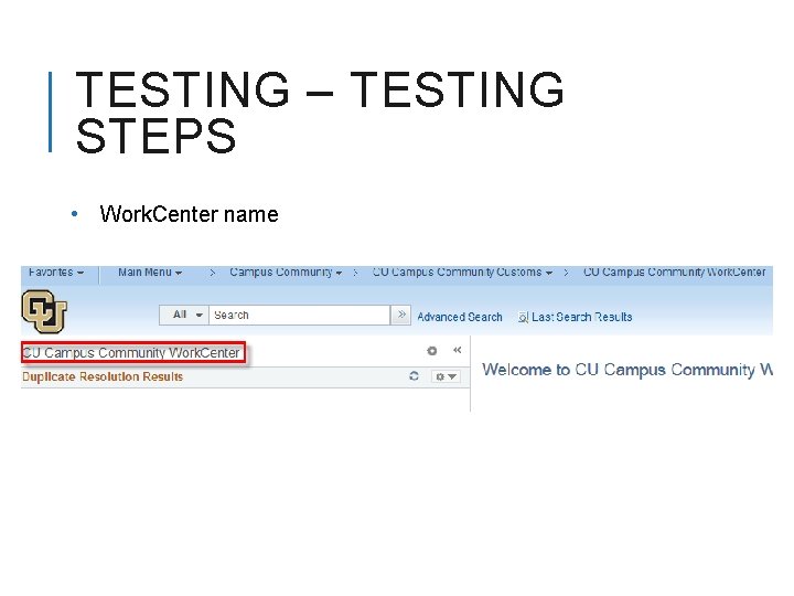 TESTING – TESTING STEPS • Work. Center name 