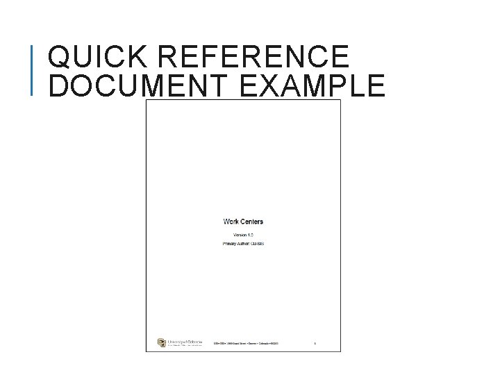 QUICK REFERENCE DOCUMENT EXAMPLE 