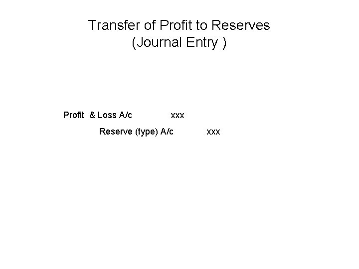 Transfer of Profit to Reserves (Journal Entry ) Profit & Loss A/c xxx Reserve