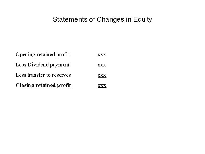 Statements of Changes in Equity Opening retained profit xxx Less Dividend payment xxx Less