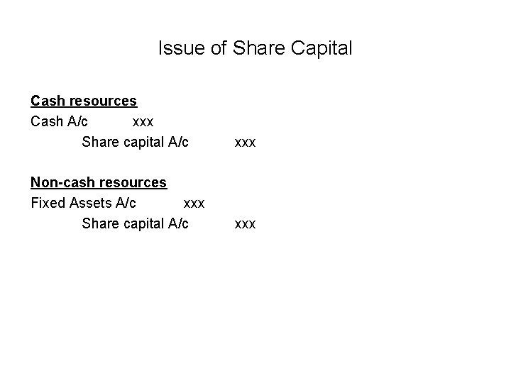 Issue of Share Capital Cash resources Cash A/c xxx Share capital A/c xxx Non-cash