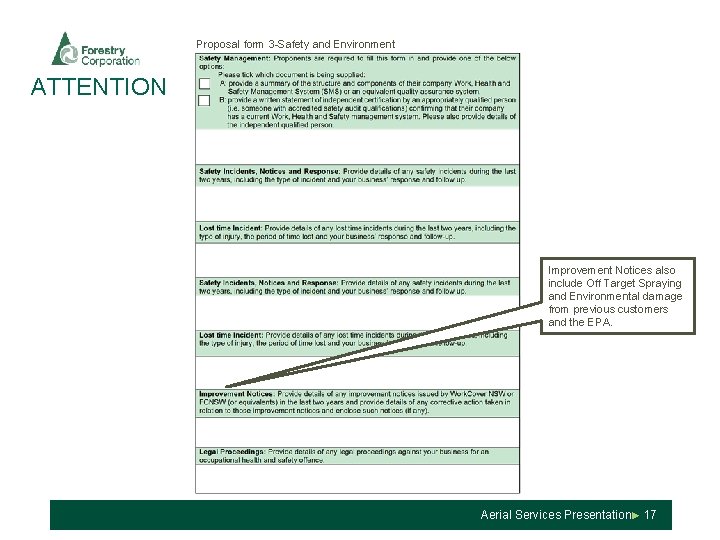 Proposal form 3 -Safety and Environment ATTENTION and mixing area. Improvement Notices also include