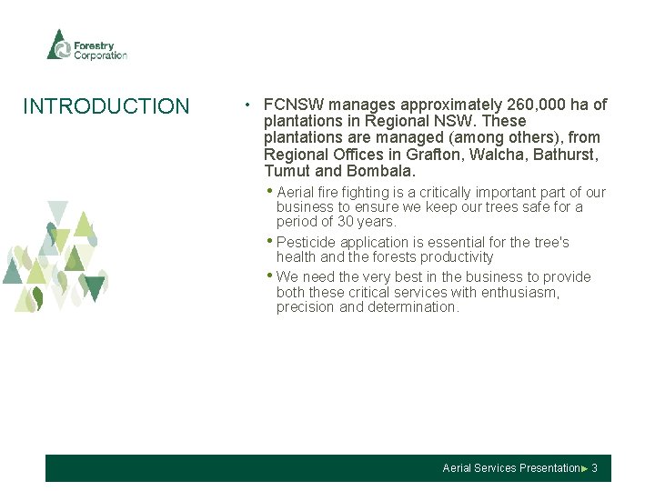 INTRODUCTION • FCNSW manages approximately 260, 000 ha of plantations in Regional NSW. These