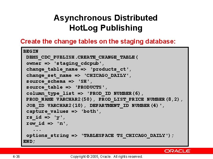 Asynchronous Distributed Hot. Log Publishing Create the change tables on the staging database: BEGIN