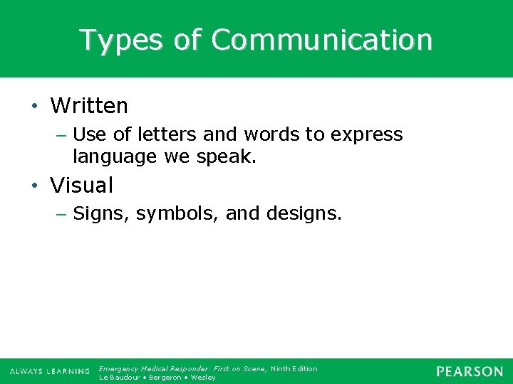 Types of Communication • Written – Use of letters and words to express language