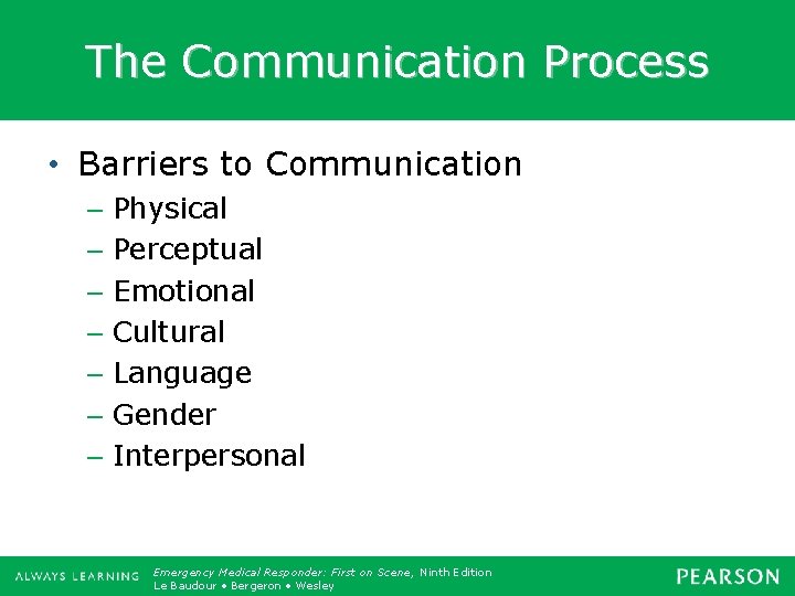 The Communication Process • Barriers to Communication – Physical – Perceptual – Emotional –