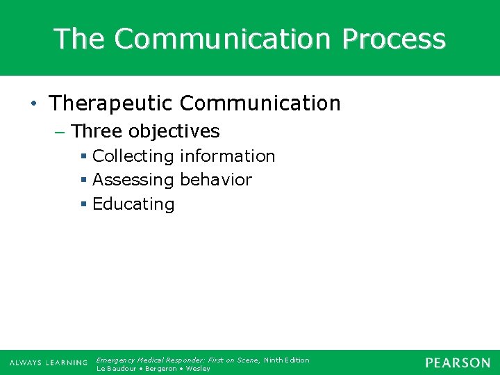 The Communication Process • Therapeutic Communication – Three objectives § Collecting information § Assessing
