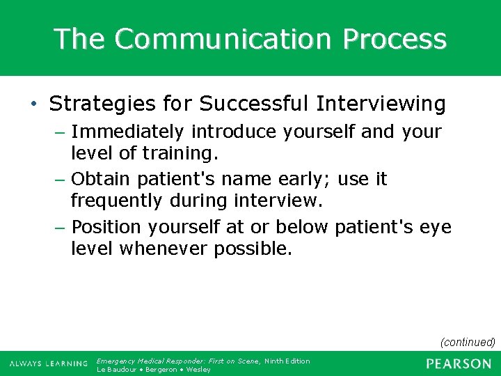 The Communication Process • Strategies for Successful Interviewing – Immediately introduce yourself and your