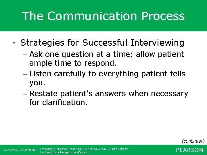 The Communication Process • Strategies for Successful Interviewing – Ask one question at a