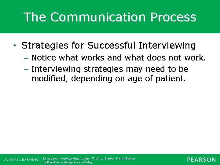 The Communication Process • Strategies for Successful Interviewing – Notice what works and what