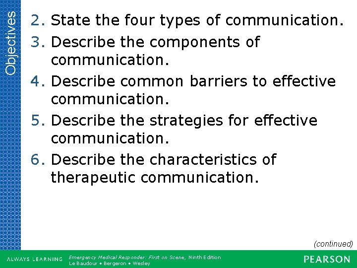 Objectives 2. State the four types of communication. 3. Describe the components of communication.