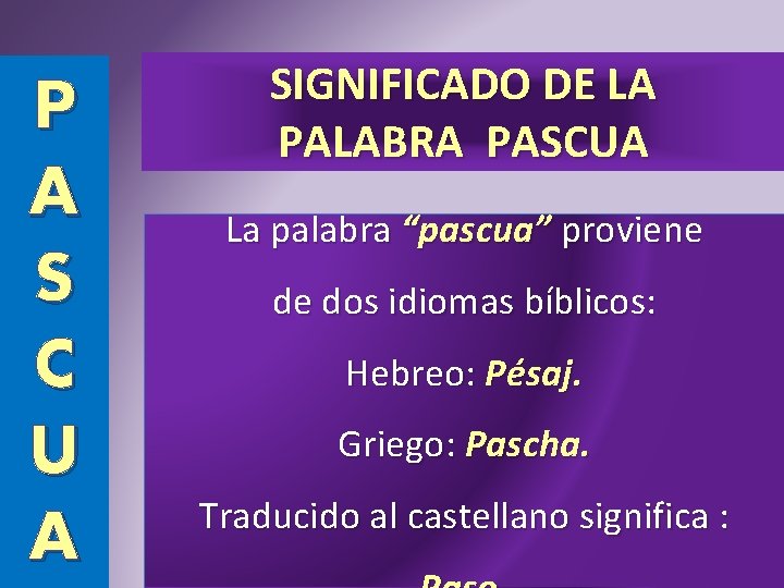 P A S C U A SIGNIFICADO DE LA PALABRA PASCUA La palabra “pascua”