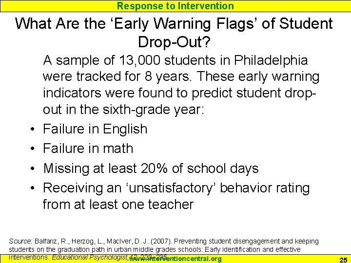Response to Intervention What Are the ‘Early Warning Flags’ of Student Drop-Out? • •