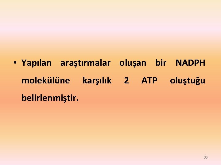  • Yapılan araştırmalar oluşan bir NADPH molekülüne karşılık 2 ATP oluştuğu belirlenmiştir. 35