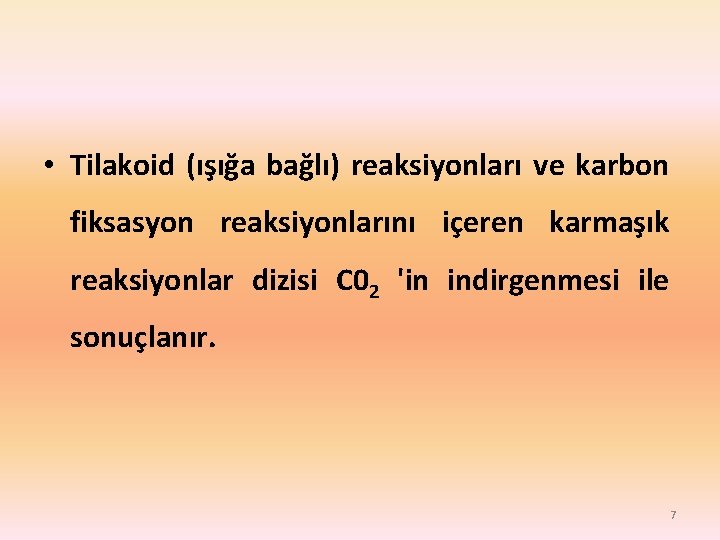  • Tilakoid (ışığa bağlı) reaksiyonları ve karbon fiksasyon reaksiyonlarını içeren karmaşık reaksiyonlar dizisi