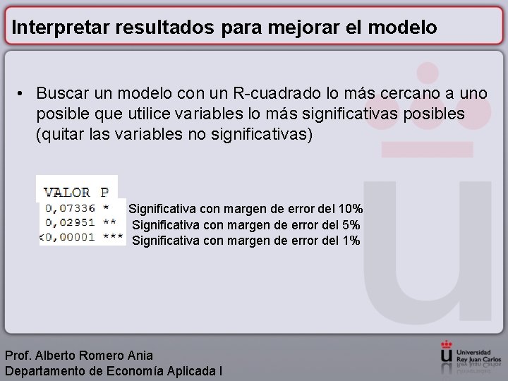 Interpretar resultados para mejorar el modelo • Buscar un modelo con un R-cuadrado lo