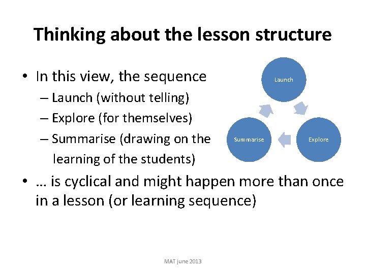 Thinking about the lesson structure • In this view, the sequence – Launch (without